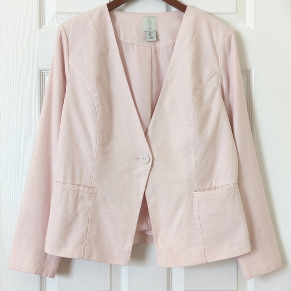 Joie Classic Linen Blend Collarless Single Button Blazer Jacket Baby Pink Large - Picture 1 of 11
